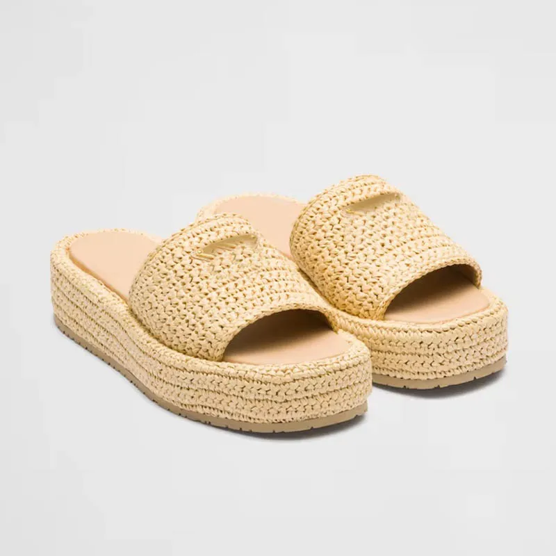 Crochet Flatform Slides Slippers Women Flat Designer Sandals Summer Beach Slides Slipper Colorful Woven Casual Sandale Luxury Shoes Comfort Peep Toe House Mule