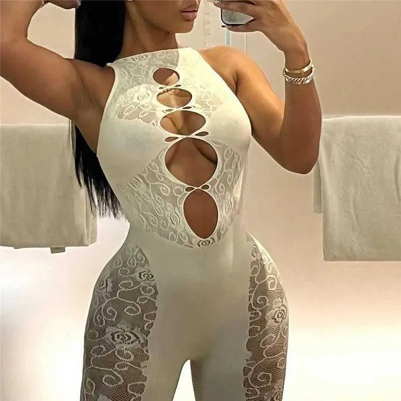 Kvinnors jumpsuits Rompers Slest Transparent Party Family Jumpsuit Womens Flash High Elastic Hollow Tight Jumpsuit Sexig Party Tight Jumpsuit Y240425