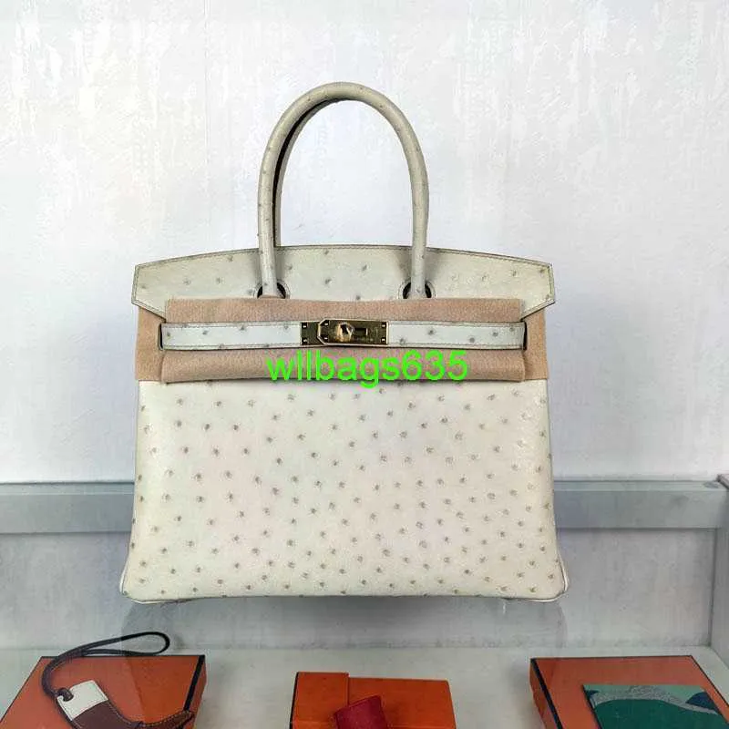 BK 2530 Handväskor Ostich Leather Totes Trusted Luxury Påsar Hem Sydafrika Importerad struts Skin Wool White Platinum Bag med 30 guldknappar har logotyp Hbzucx