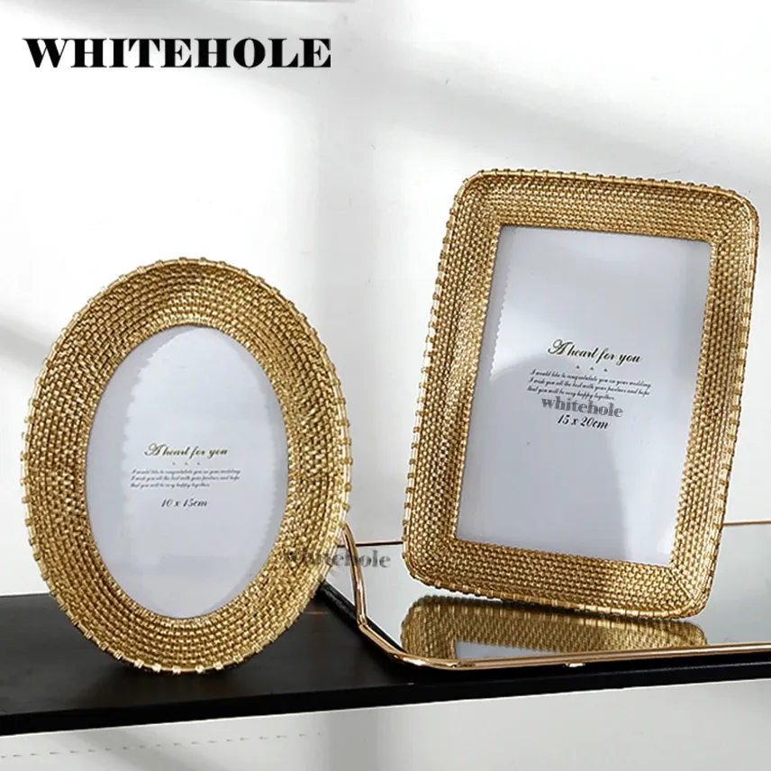 Frames Cadre d'image en résine Photo Golden Photo Frame Ellipse Round Square Creative Desktop Decor Wedding Gift