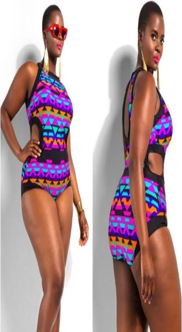 Summer Swimwear Colorful Geometric Monokini Brazilian Hollow High Waist Swimsuit Ladies Sexy Padded Bikinis One Piece Plus Size4487456