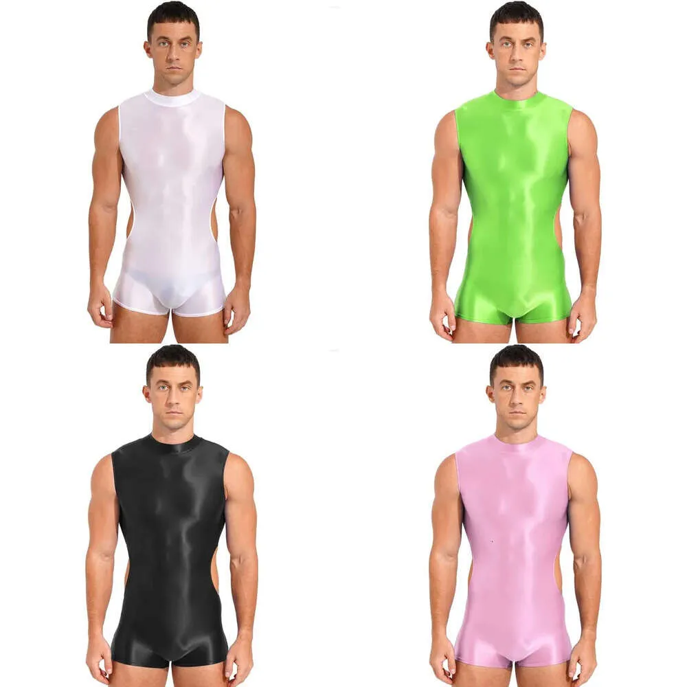 Badebekleidung Herren Herren glänzender BodySuit Einteiliger Badeanzug Rückenback Reißverschluss eng dehnbarer kurzes Jumpsuit Fitnessstudio Foss Nachtwäsche