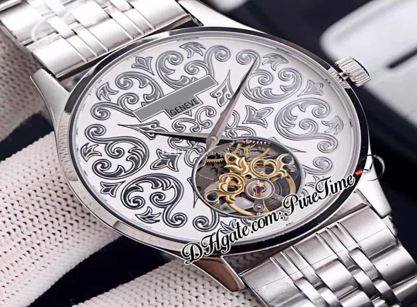 Calatrava 5088 Volutes and Arabesques Handengraved White Emamel Dial Automatic Tourbillon Mens Watch rostfritt stål armband PUR1300735