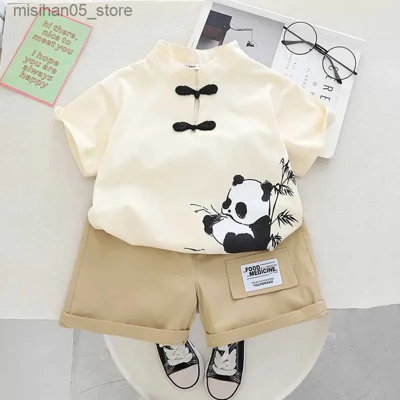 Clothing Sets New Childrens Summer Clothing Newborn Childrens Clothing Boys Short sleeved Cartoon Panda Shirt Shorts Set Q240425