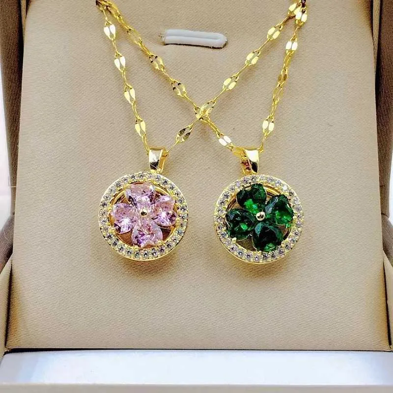 Necklaces Fashion Charm Green Necklace Classic Vintage Pink Flower Clover Heart Clavicle Chain Pendant Gift_voghion.com