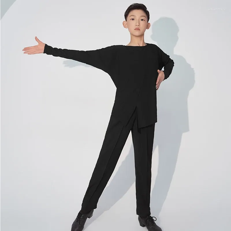 Stage Wear Latin Dance Clothes Black Loose Long Sleeve Top Boys Competition Suit Show Costume Samba Training Pants VDL196