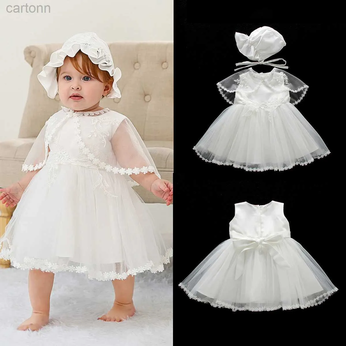 Flickans klänningar Nyfödda Baby Girl Dress Party Dresses For Girls Princess Dress Lace Doping Gown 1 Year Birthday Baby Clothing White Baptism D240425