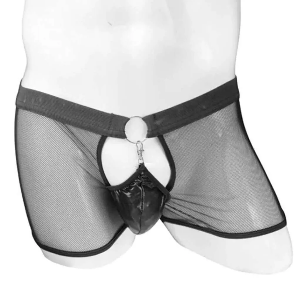 Mens cueca de luxo Aiiou Mesh sexy malha gay transparente boxer shorts faux couro aberto bolsa de gripestra