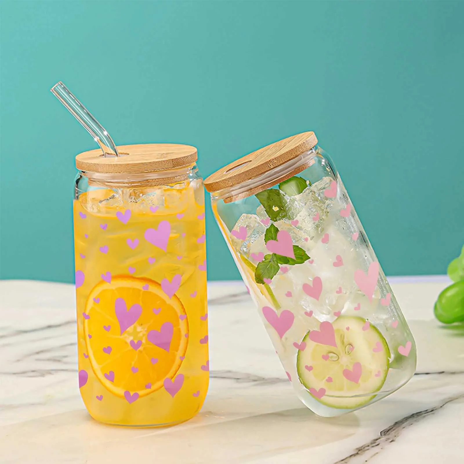 Tumblers 16oz Cute Pink Heart Pattern With Bamboo Lid Glass Straw Juice Hot And Cold Drink Bottle Suitable For Summer Ice Cream H240425