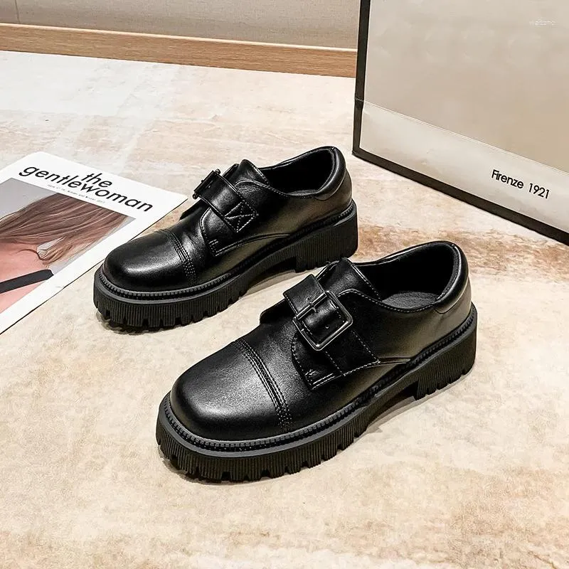 Casual Shoes British Belt Buckle Oxford Women Derby Flats Chunky Heels Thick Soled Loafers Square Toe Microfiber Leather Brogue