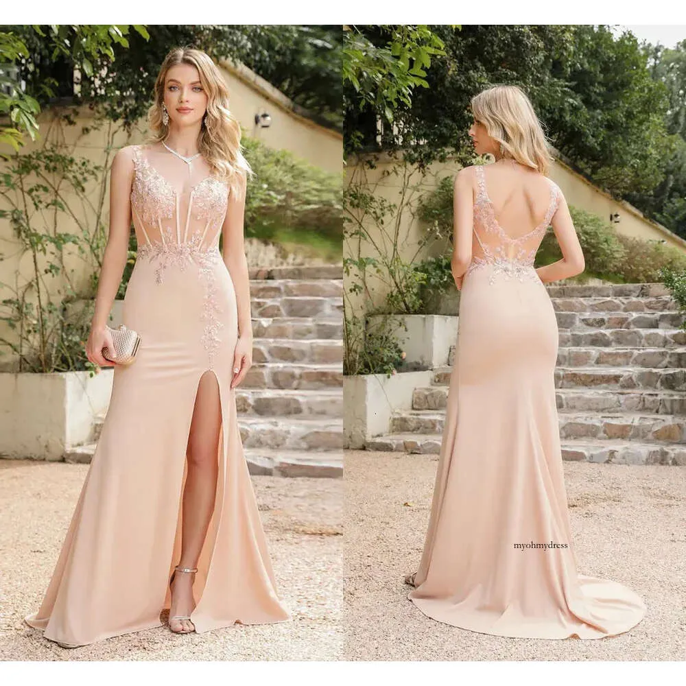 Pearl Pink Split Mermaid Evening Dresses New Sheer Jewel Neck Appliques Backless Long Prom Dress CPS