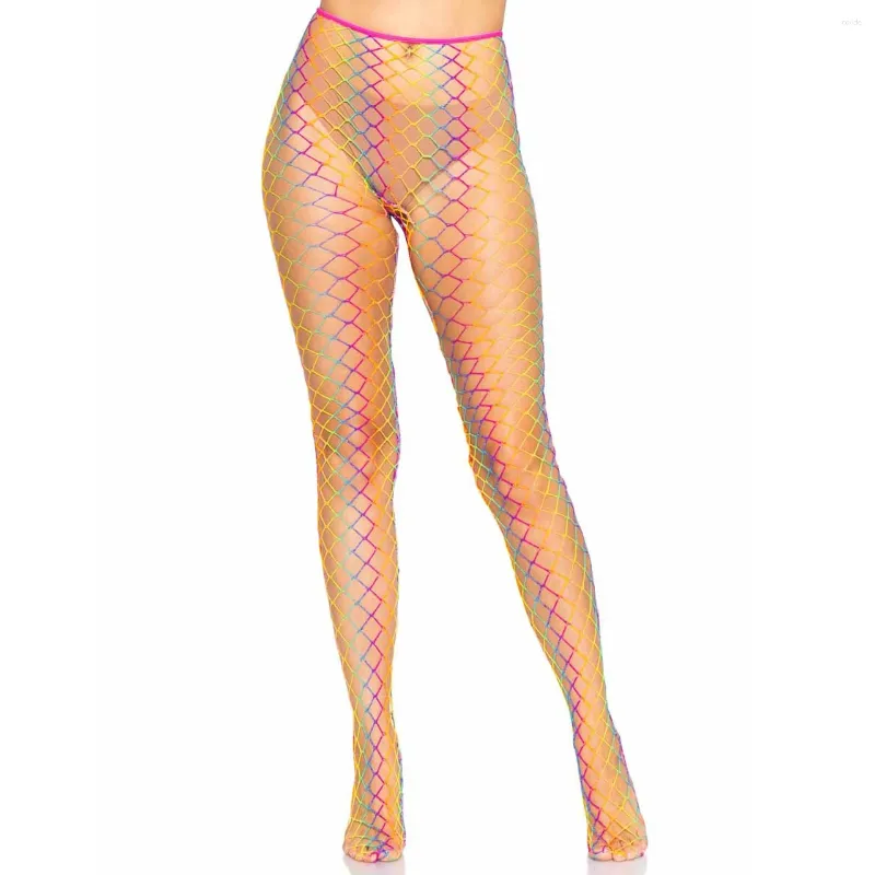 Kvinnors strumpor Fashion Rainbow Medium Grid High midja Stocking Fishnet Club Tights Tights Trump Stick Net Pantyhose Trouser Mesh Lingerie