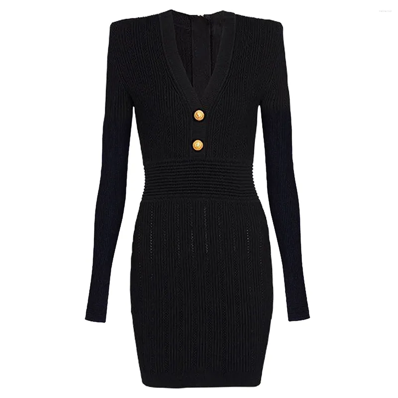 Casual Dresses SML High Quality V-Neck Fashion Elastic Knitted Fabric Two Button Long Sleeve Slim Fit Commuter Women's Dress