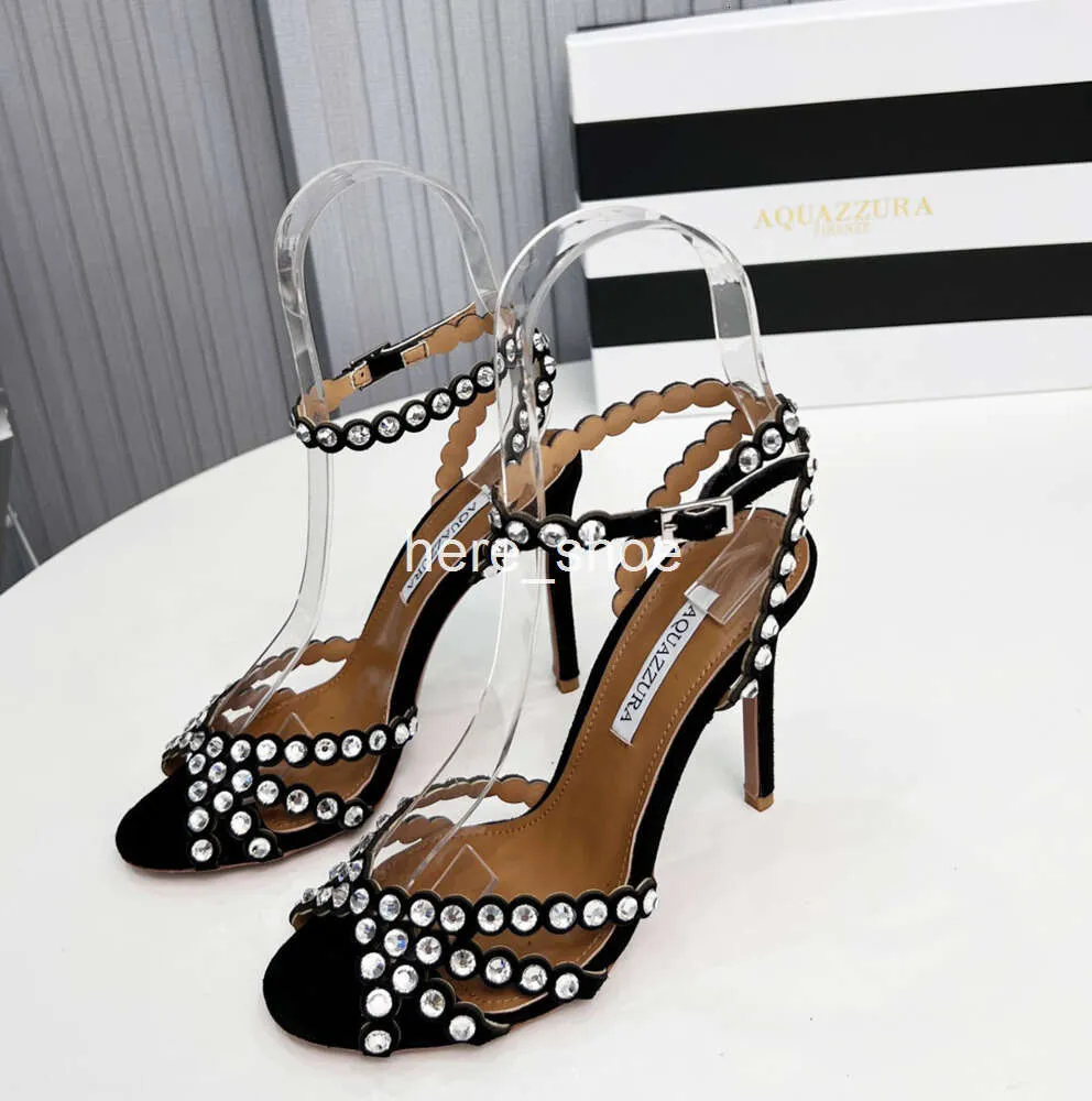 Aquazzura Rhinestones Tequila Sandal PVC Heeled Stiletto Heels Cross Open Toe Womens Luxury äkta läder yttersula Evening Party Shoes 10cm Factory Factorwear