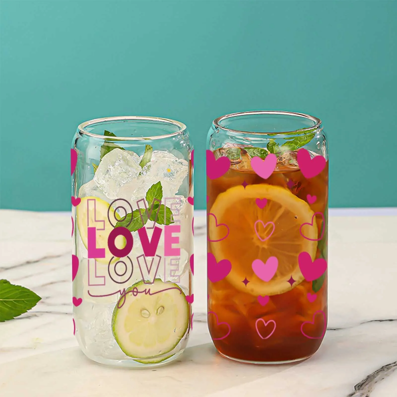 Tumblers 16oz Love Letter Pink Love Cute Sticker Transparant Glass Drink Sap Coffee Milk Cup Geschikt voor Valentijnsdag Gift H240425