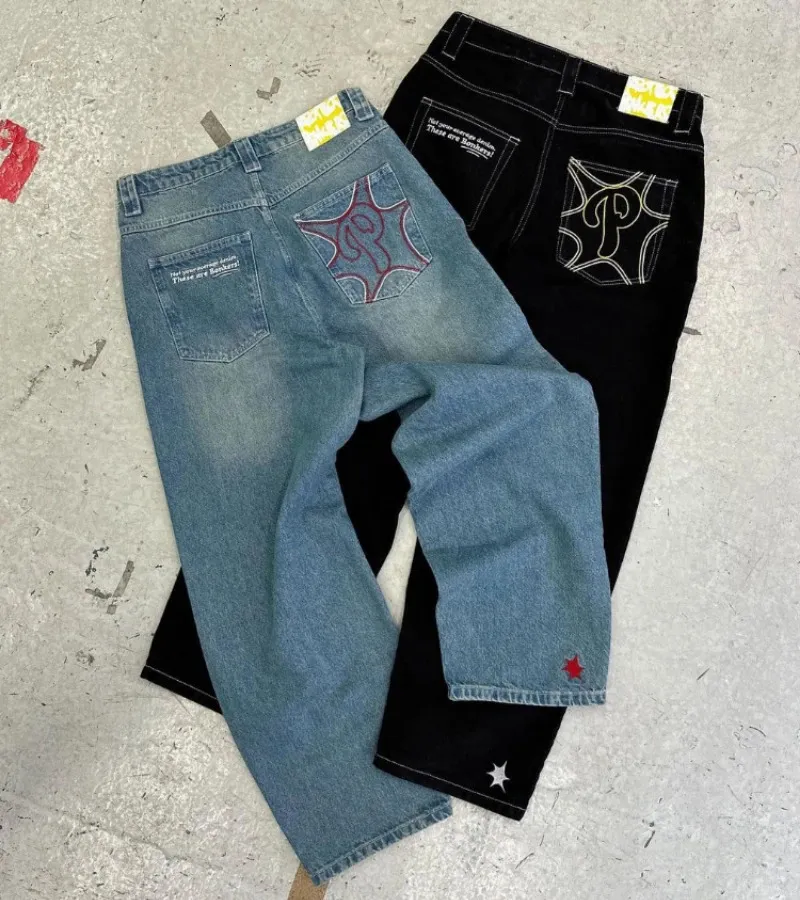 Y2K Men Retro HARAJUKU Vêtements Baggy décontractés de jambes larges jeans Hip Hop Imprimé Jeans Fashion Black High Waist Jean 240425