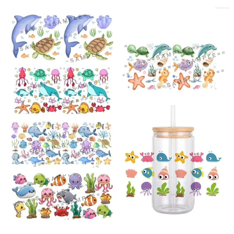 Present Wrap Ocean Marine Life Mönster UV DTF Transfer Sticker Waterproof Transfers Decals för 16oz Glass Cup -klistermärken