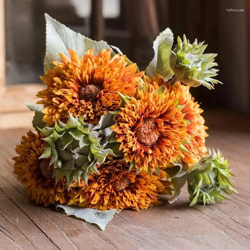 Decorative Flowers 45cm Bear Sunflower Dried Flower Combination Simulation Bouquet Jewelry Floral Art Fake Ornaments Props