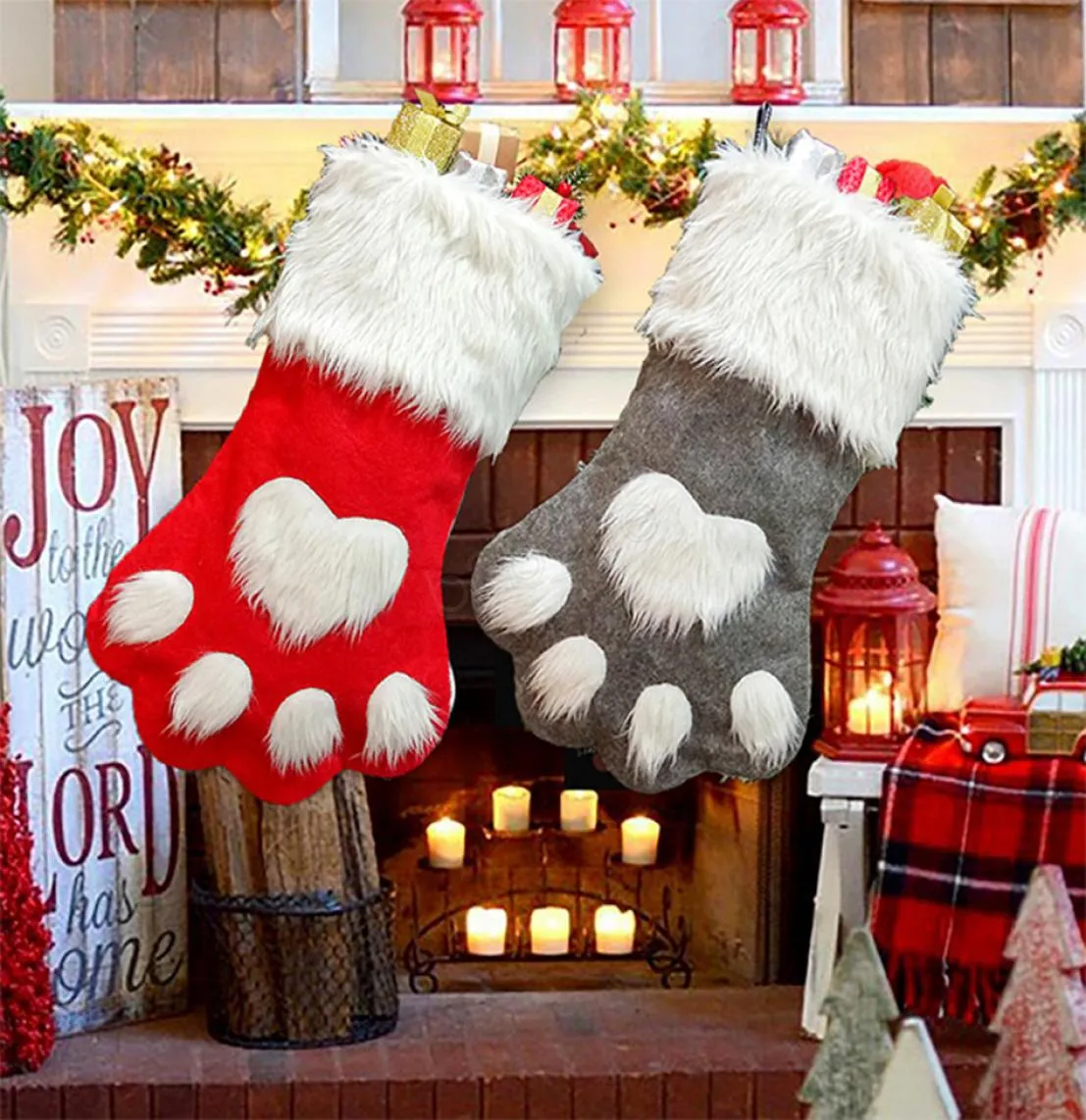 Christmas Party Dog Cat Paw Stocking Hanging Socks Tree Ornament Decor Hosiery plush Xmas Socks kdis Gift Candy Bag LJJA29198809230