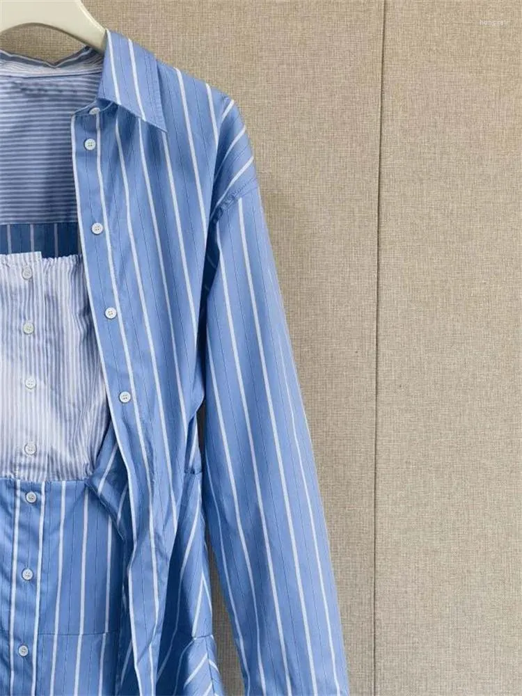 Casual Dresses French Elegant Stripe Knot midja Tie Up Shirt Dress for Women Turn-Down Collar Single Breasted Ladies Mini Robe 2024