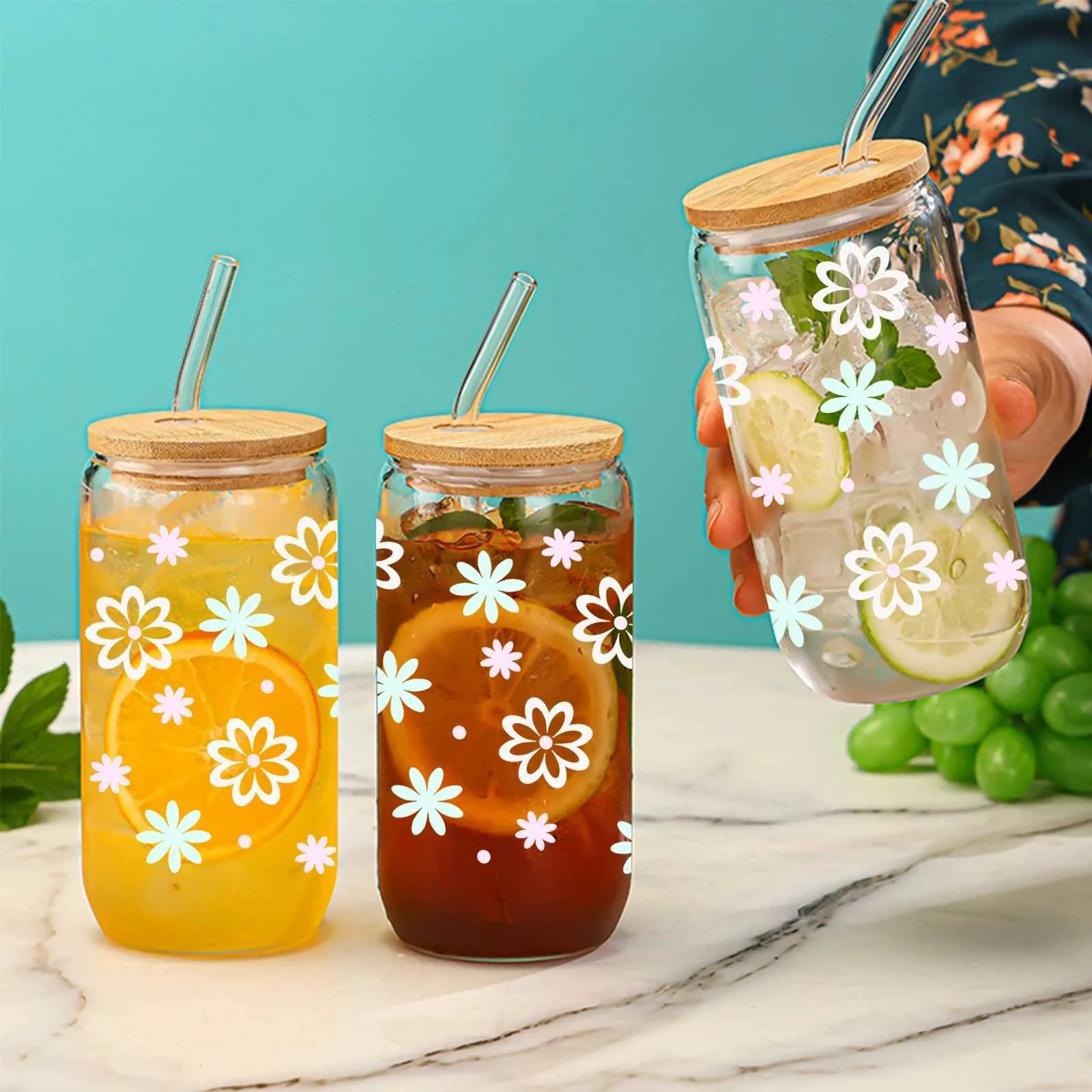 Tumblers 1pc Clear Drinking Glass With Bamboo Lid And Straw Juice Cup For Hot/Cold Drinks Drinkware Gift Light Colored Flowers Style H240425