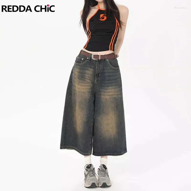 Dżinsy damskie Reddachic 90s Retro Skater Kobiety Dżinsowe szorty Summer Casual Jorts Wąsów w trudnej sytuacji na szerokie nogi