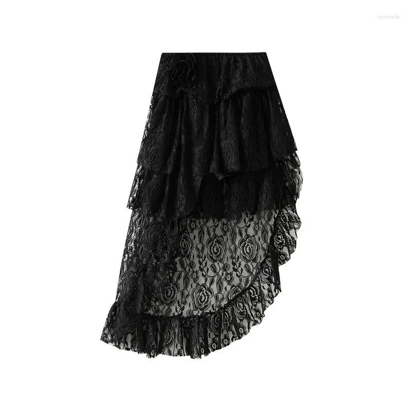 Kjolar mode oregelbundna spetsar långa kvinnor vårens sommarkaka kjol design hög midja midi ruffles svart elegant