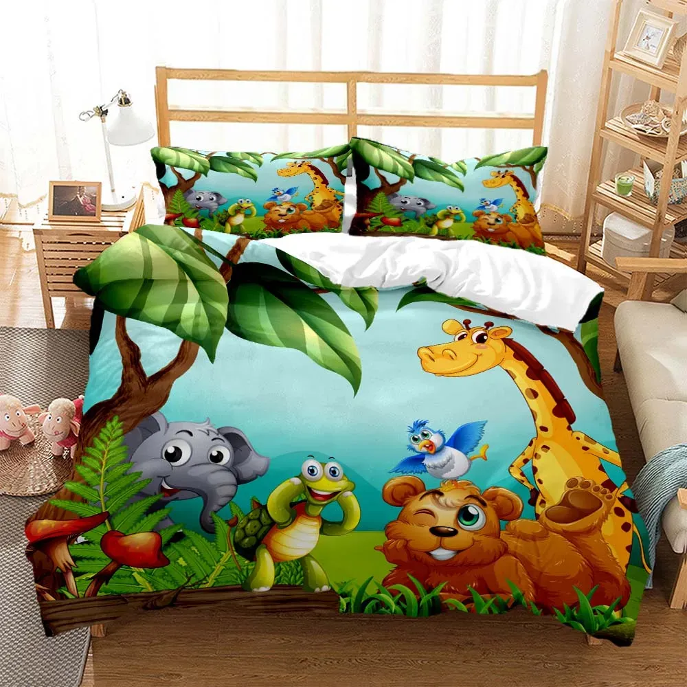 Conjuntos Lindo Juego de ropa de cama estampada de dibujos animados de animales de la jungla para niños Juego de ropa de cama queen reina