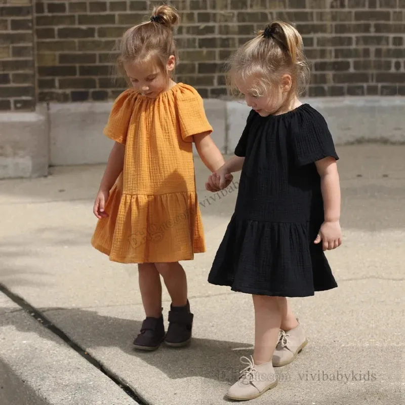 Vestidos de linho de algodão para meninas de verão Crianças de colarinho redondo vestido plissado de manga curta