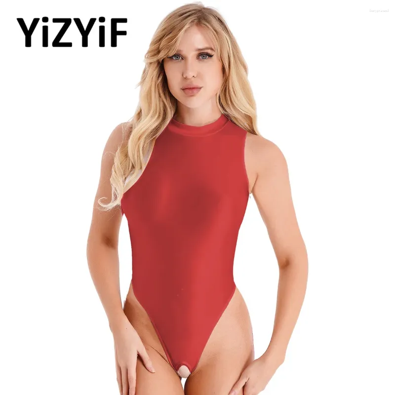 Women's Swimwear Womens Swimsuit Glossy One Piece Sleeveless High Cut Bodysuit Tight Oil Shiny Thong Leotard Swimming Bathing Suit
