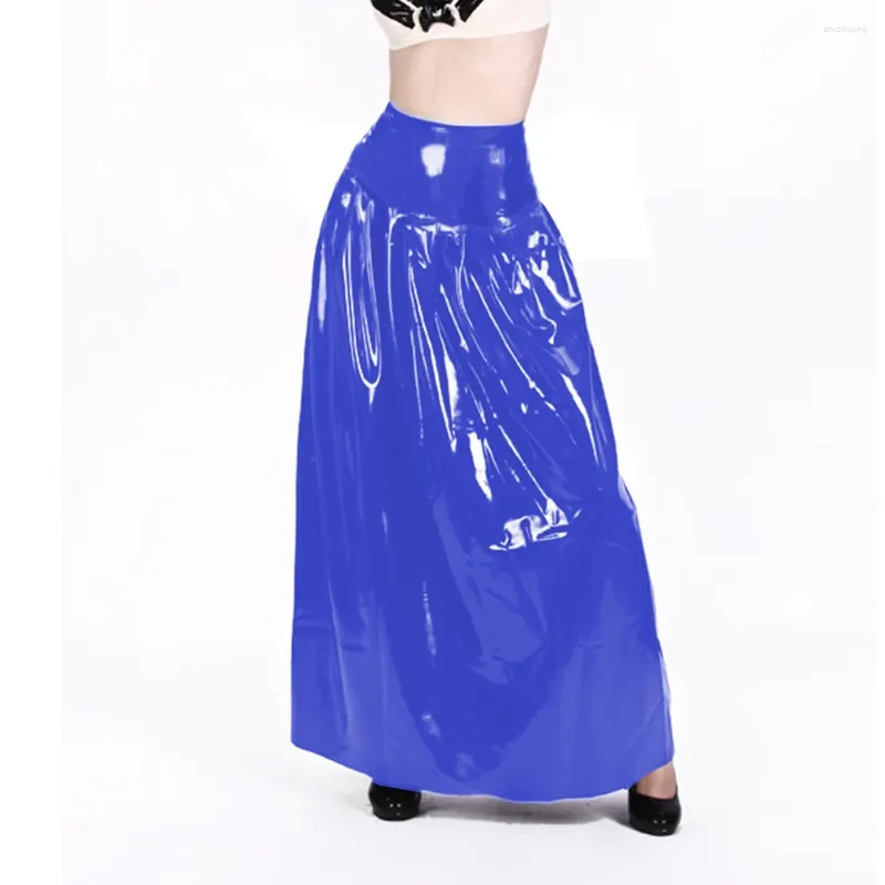 التنانير الأنيقة الطويلة عالية الخصر للنساء Wetlook PVC الجلود A-LILE تنورة صلبة الأزياء أزياء الشارع بالإضافة إلى حفلة الحجم