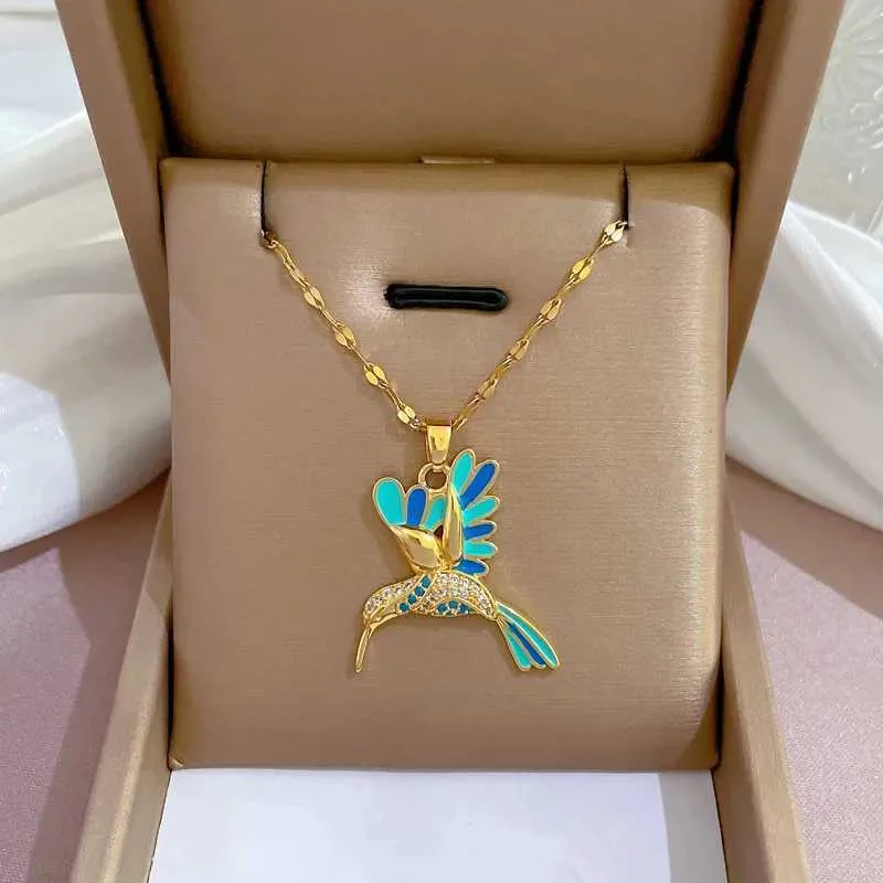 Collar de acero esmaltado con colgante de pájaro Kivid, cadena larga, gargantilla, joyería de moda con esmalte animal para mujer y niña, regalo_voghion.com