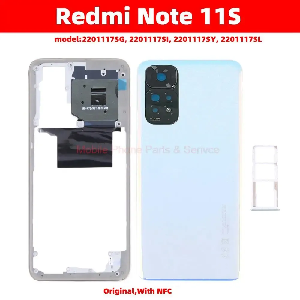 Ramy do Xiaomi Redmi Note 11S 4G Oryginalne pełne obudowę z środkową ramą NFC + tylna tylna pokrywka baterii + aparat soczewki + taca SIM