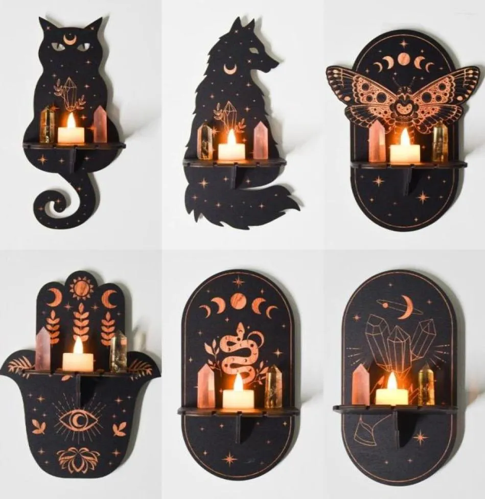 Candle Holders Cat Moth Moon Phase Carving Wood Wall Mounted Handicraft Crystal Shelf Rack Home Decoration Holder Jewelry Display 7491103