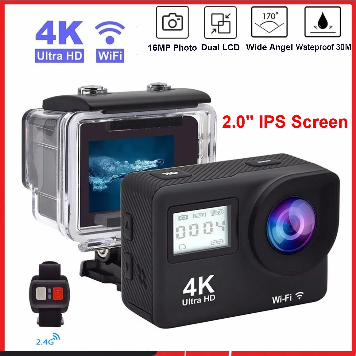 Камеры 4K Ultra HD -камера Двойной ЖК -дисплей 2 "IPS WIF 16MP 30M Waterproof Pro Sport DV видеокамера с пультом дистанционного управления