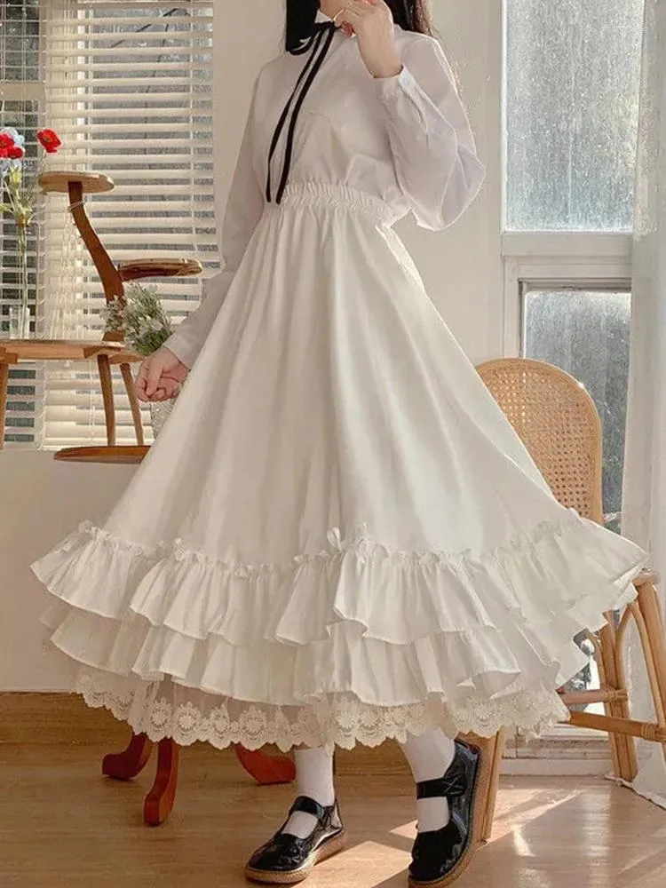 Womens White Lace Maxi Skirt, Japanese Style Ruffled A-Line