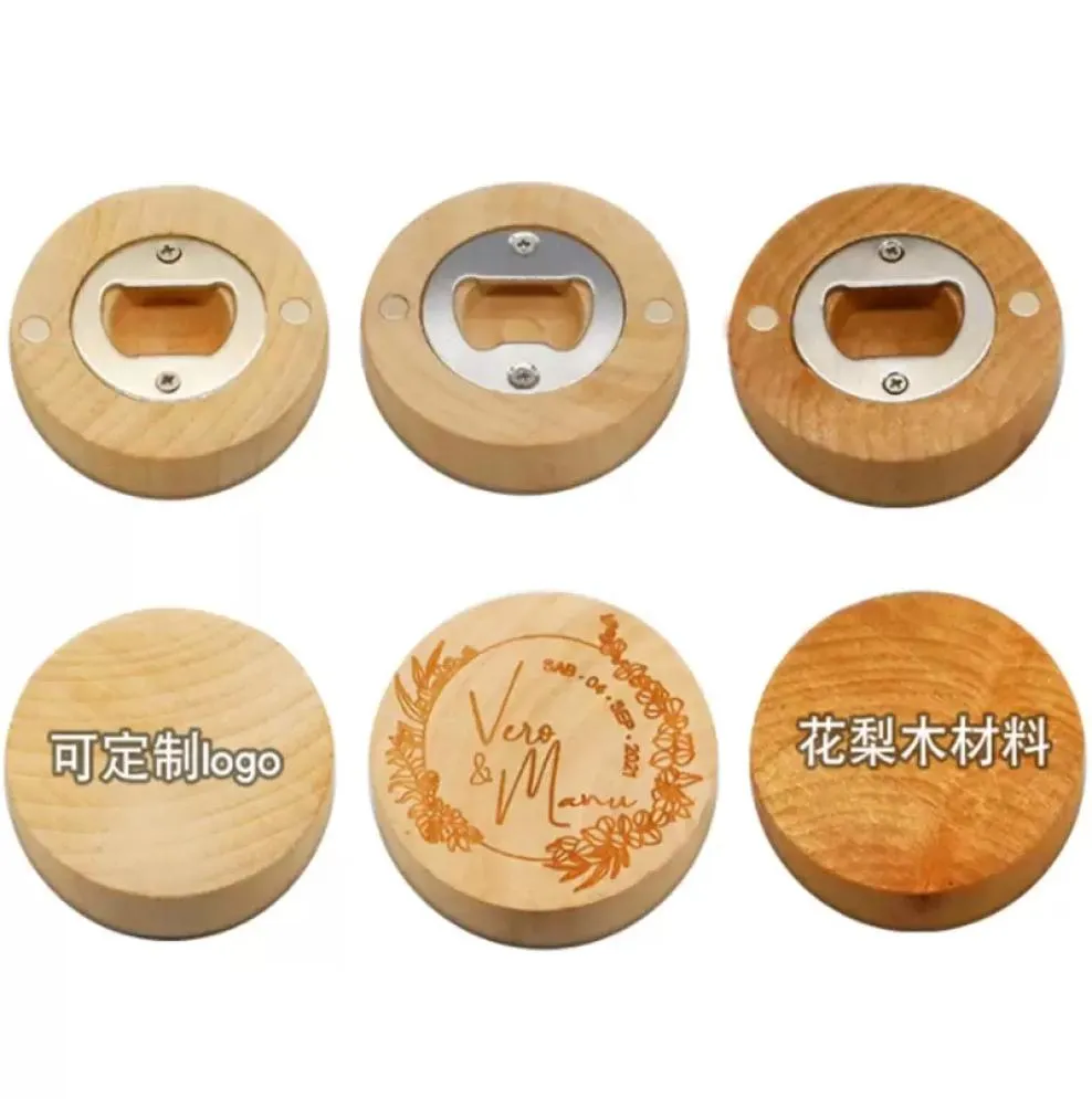 Can customize Engraving logo Blank DIY Wood Round Bottle Opener Coaster Fridge refrigerator Magnet Decoration 07015557314