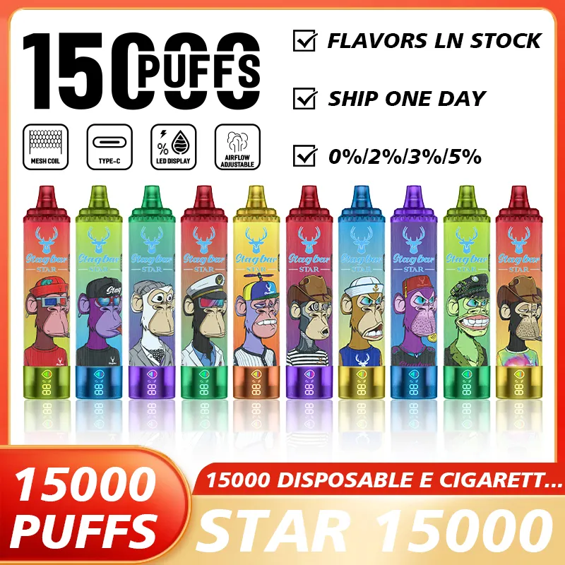 Europa Warehouse Stag Bar Star 15000 Puffs wegwerp vapes Elektronische sigarettendamp Pen Oplaadbare luchtstroom Verstelbaar 22 ml 15k 20k elf Geek Crown Puff Apparaat