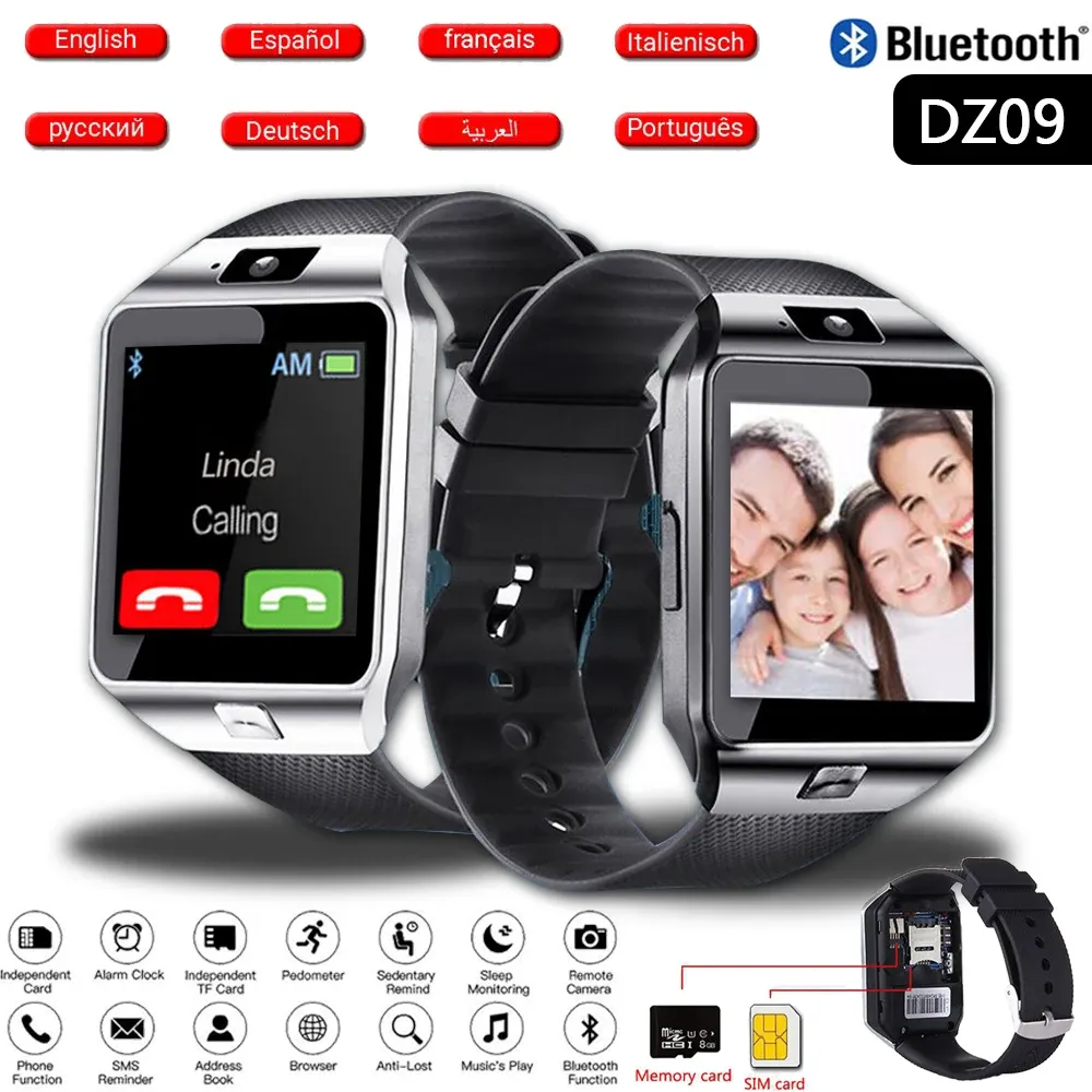 Uhren Digital Calling Smart Watches DZ09 2G SIM -Kamera Sport intelligentes Armband wasserdichtes TF Largecapacity Smartwatch für Android