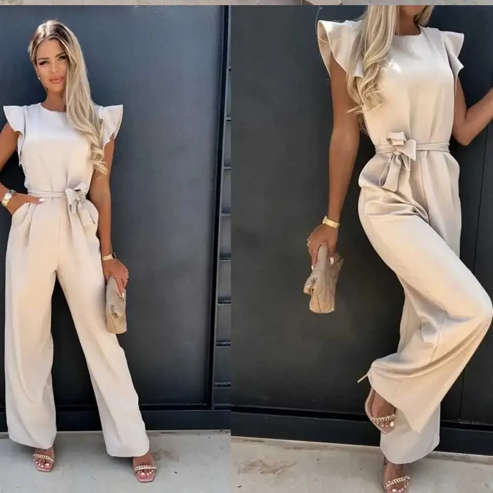 Damen Jumpsuits Rompers Womens ärmellose Khaki Jumpsuit Elegantes Büro Damen Lace Oneck Faltenpocket Office Damen -Jumpsuit 2024 Sommer Wide Leg Game Set Y240