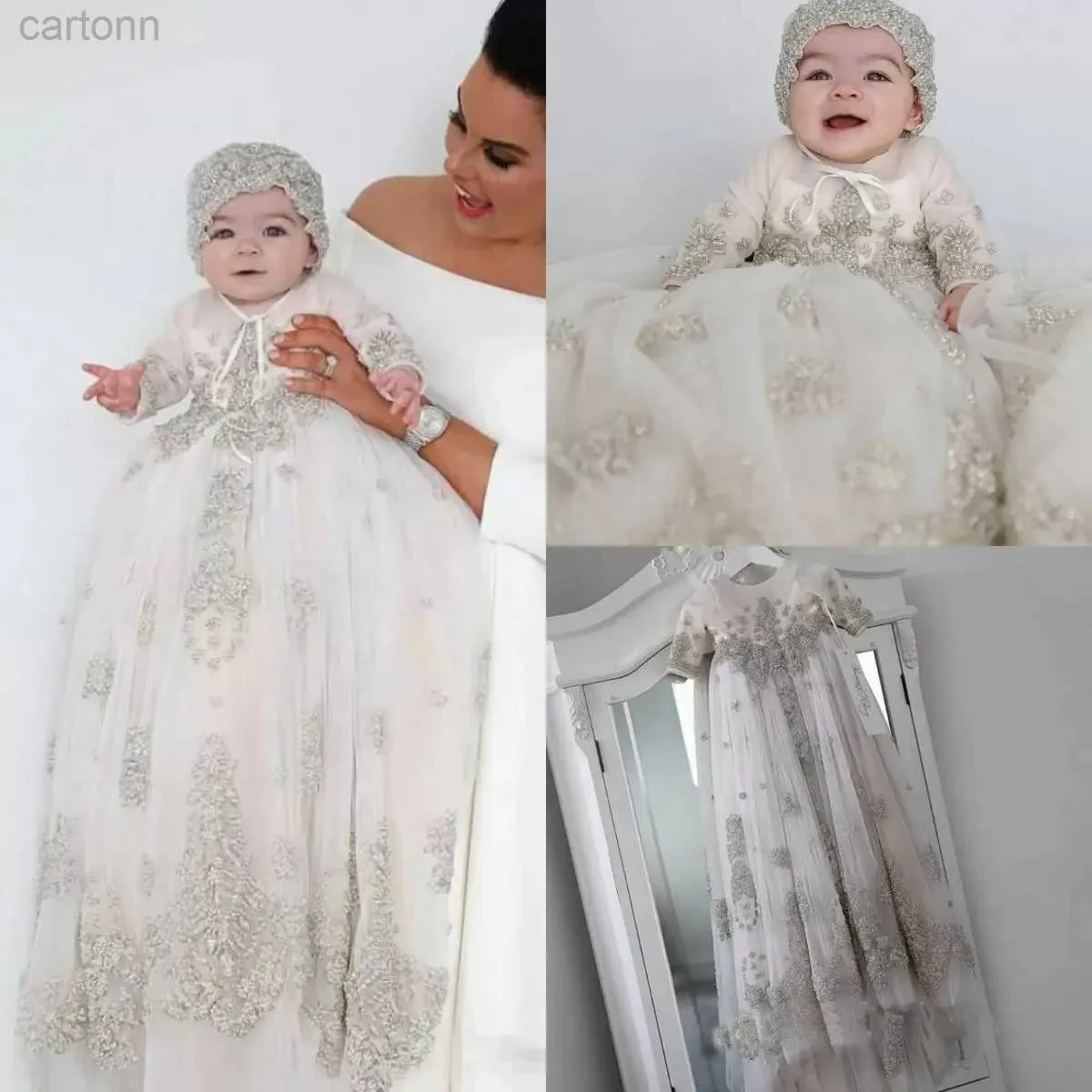 Robes de fille Blanc Ivoire robe de baptême pour les petits enfants o couches à manches longues en dentelle perles première communion robe pour tout-petits