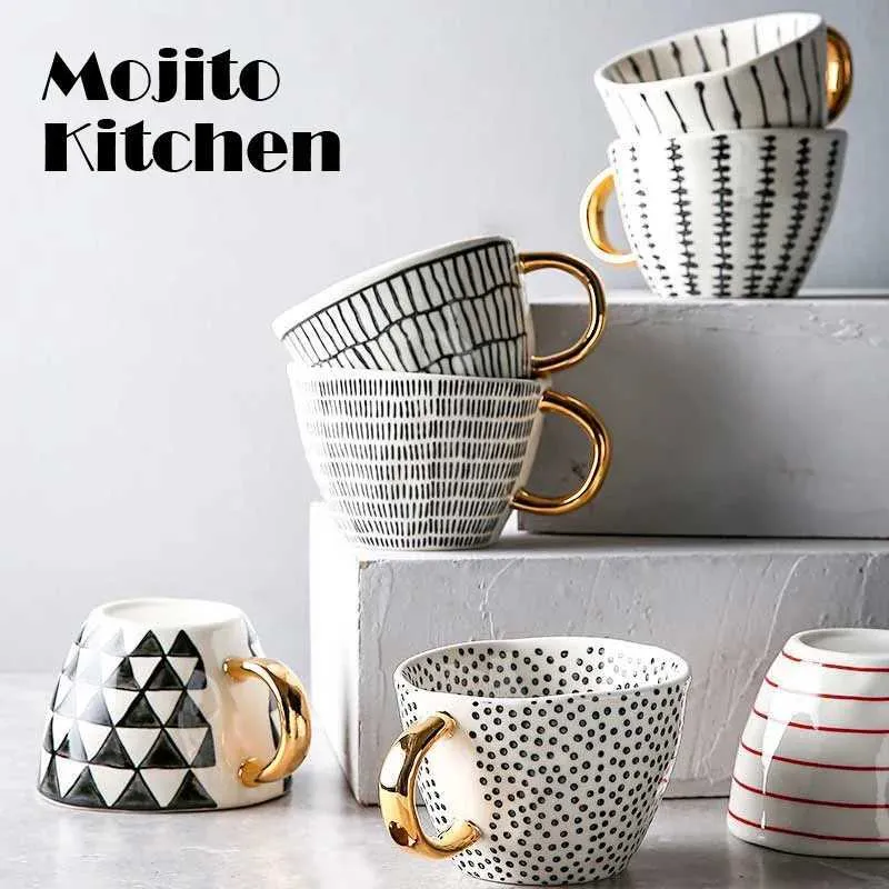 Tubllerzy ręcznie narysowane geometryczne ceramiczne kubek ze złotym uchwytem ręcznie wykonane nieregularne używane do kreatywnych prezentów urodzinowych kawy herbatę Oats H240425