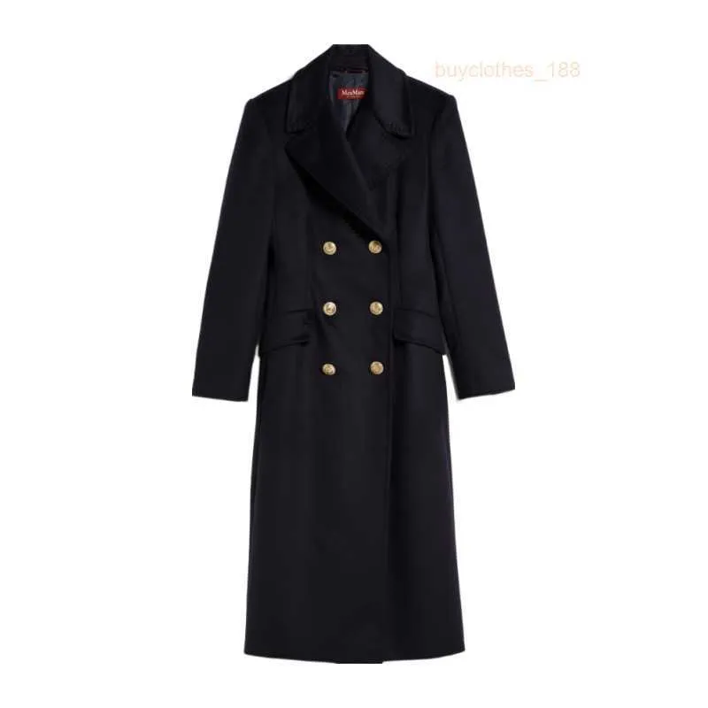 Designerrockar Cashmere Coats Luxury Coats Maxmaras Womens Navy Blue Wide Flip Collar Dubbel Breasted Low Key pendlar Wool Long Coat