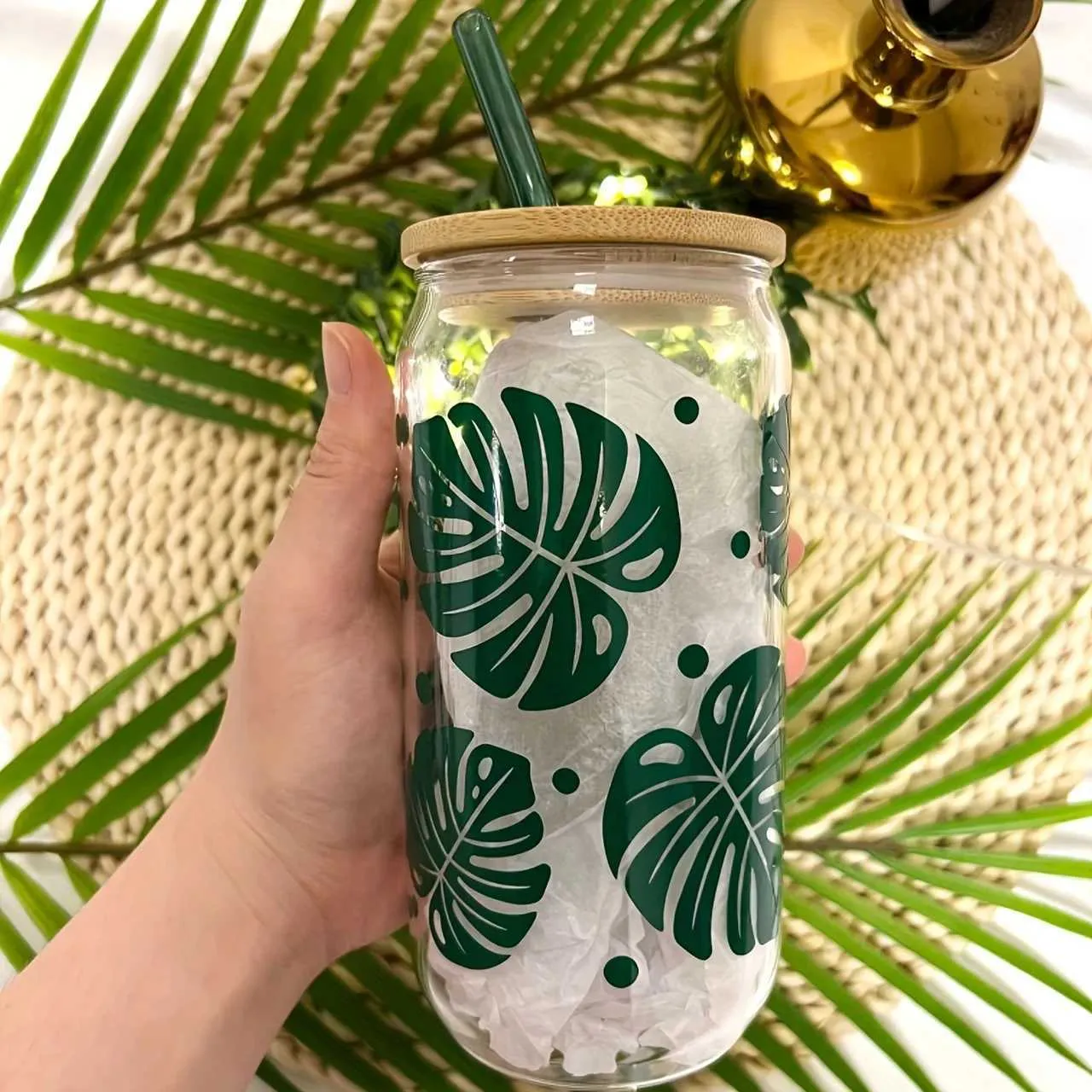 Tumblers Monstera Yaprak Bambu Kapak ve Saman Tatil Seyahat Ofisi Ev Hediyesi ile Yazan Gözlükleri 16oz H240425