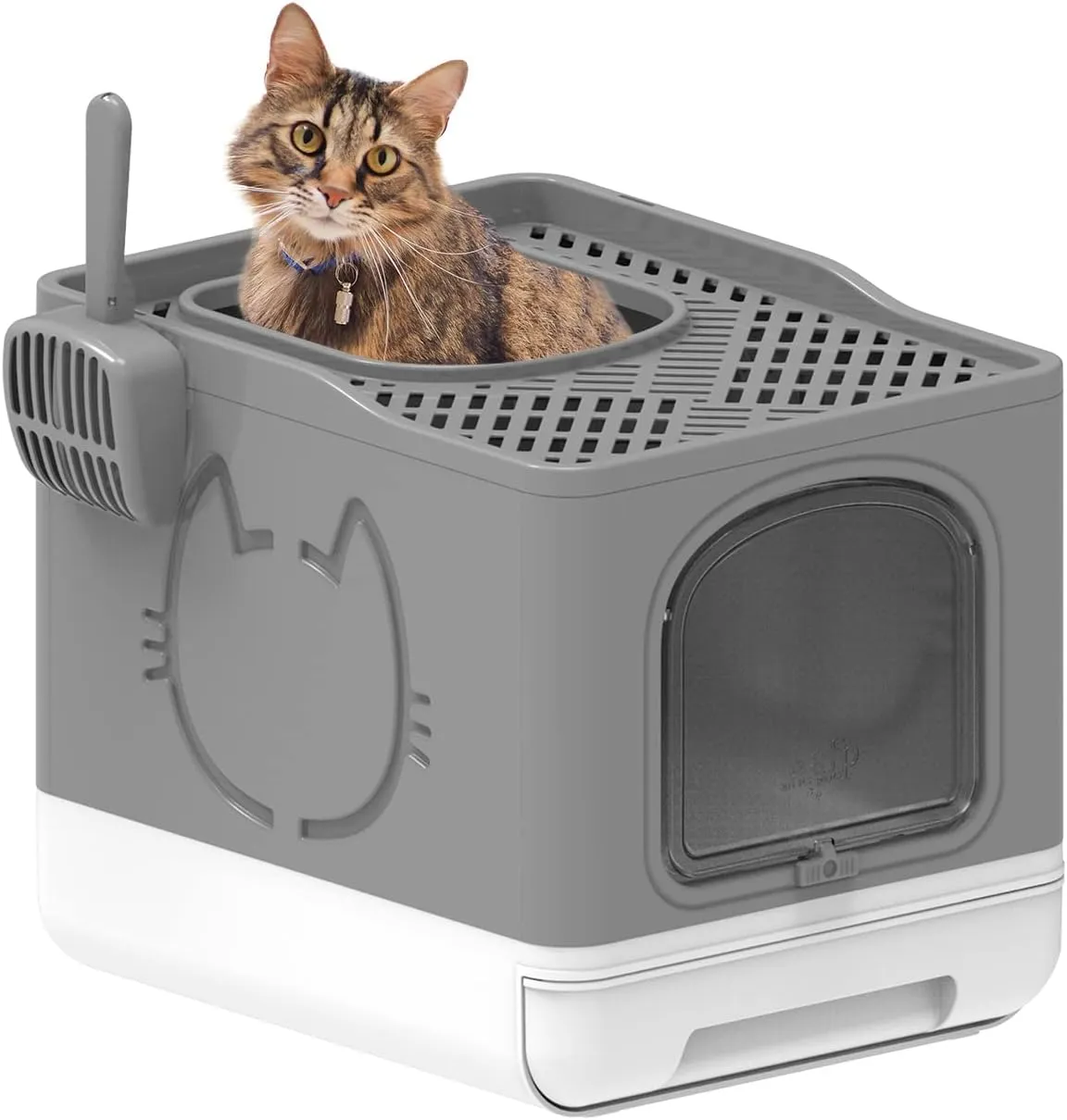 Grey Sand Foldable Cat Litter Box with Top Entrance Large Space