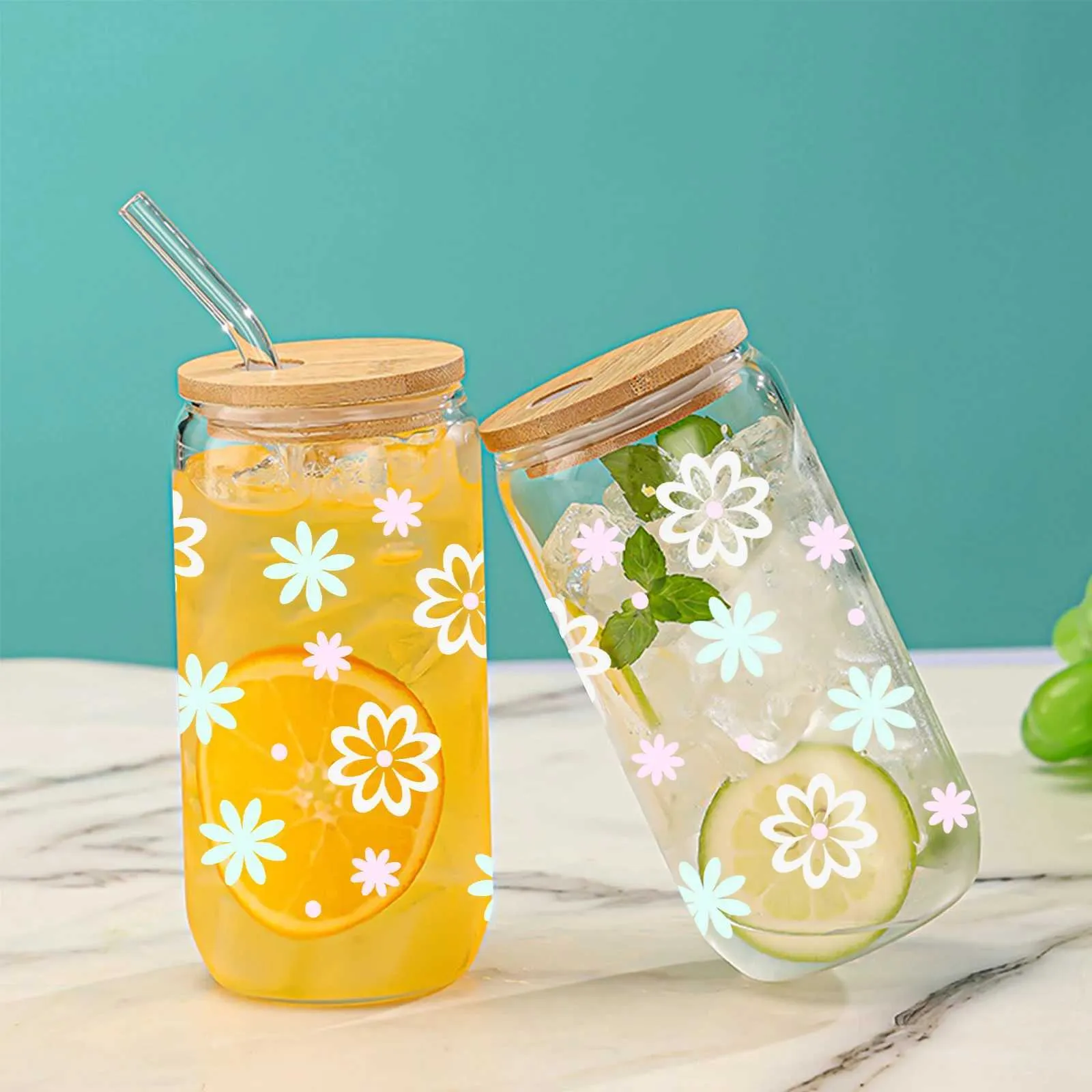 Tumblers Clear Drinking Glass With Bamboo Lid And Straw Juice Cup For Hot/Cold Drinks Drinkware Gift Light Colored Flowers Style H240425