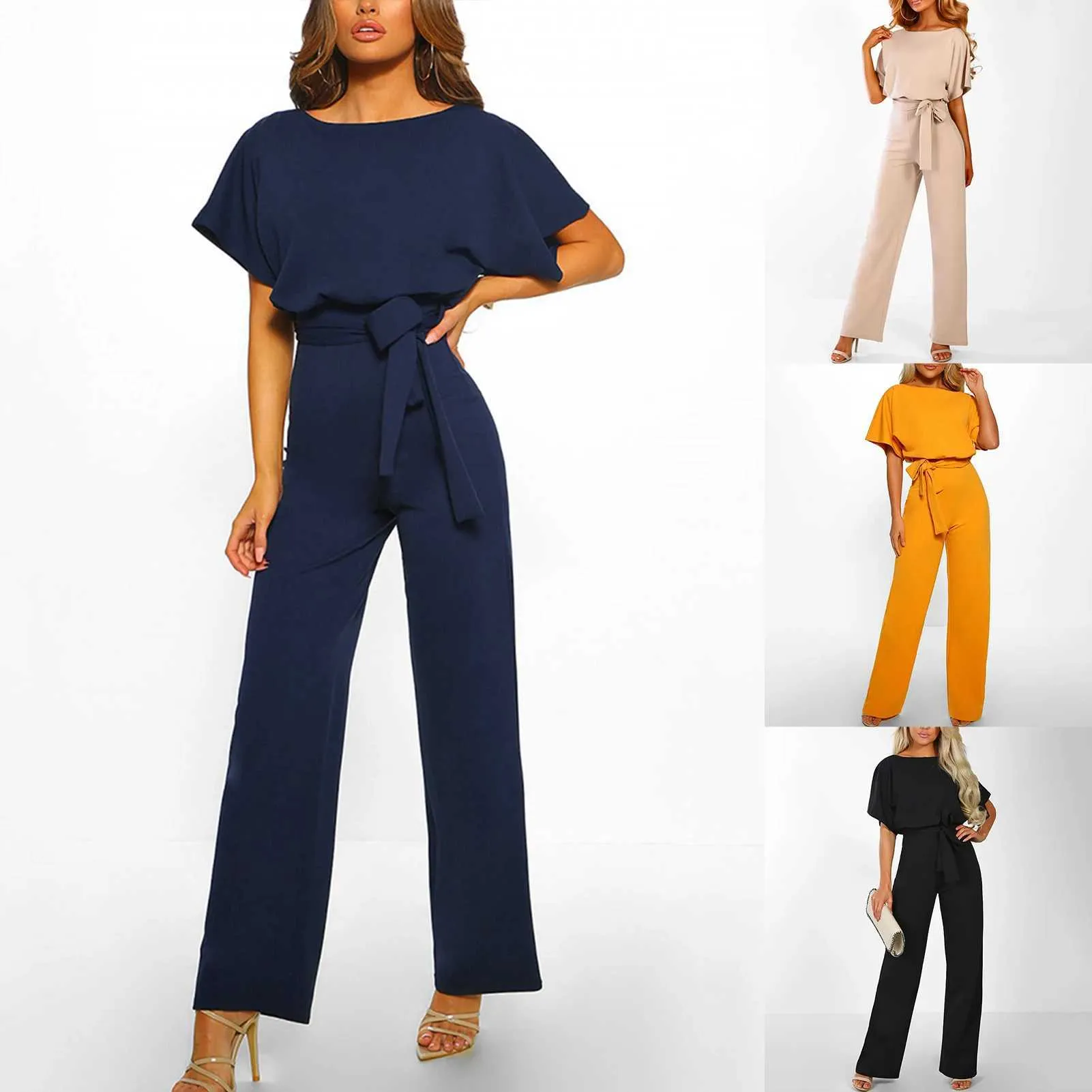 Kvinnors jumpsuits Rompers Womens Solid Color Straight Ben Jumpsuit Fashionable Short Sleeved Round Neck Dating Jumpsuit Y240425