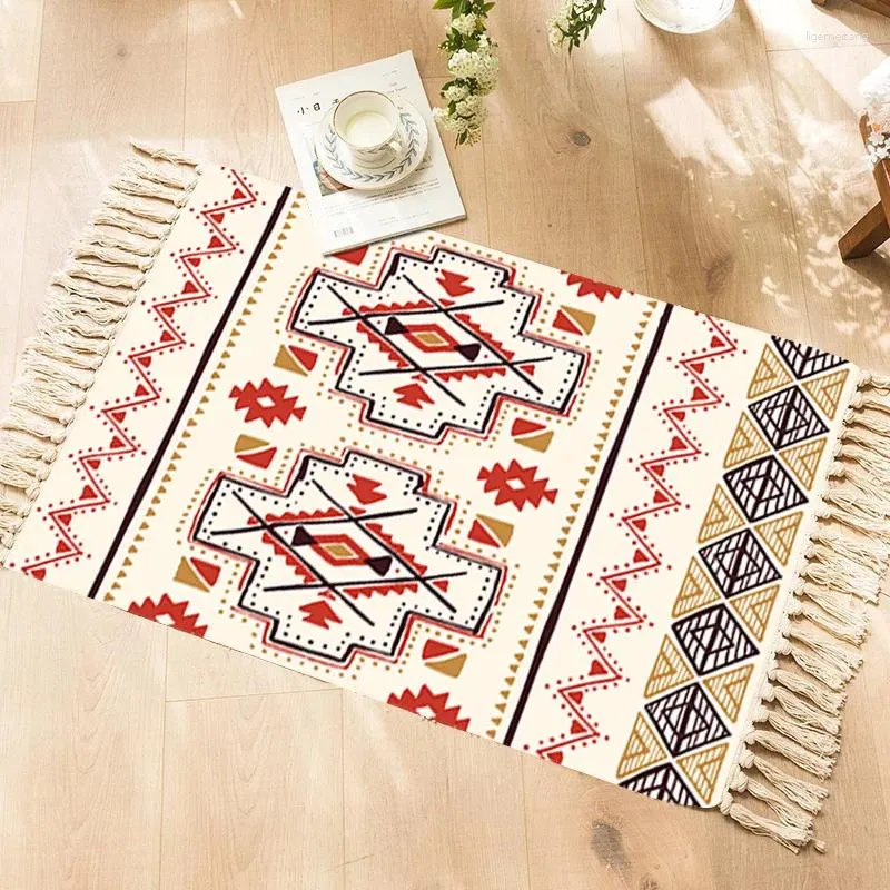 Carpets 60X90cm Retro Bohemian Ethnic Hand Woven Tassel Carpet Home Living Room Window Bedside Cotton Linen Rug Table Runner Door Mat