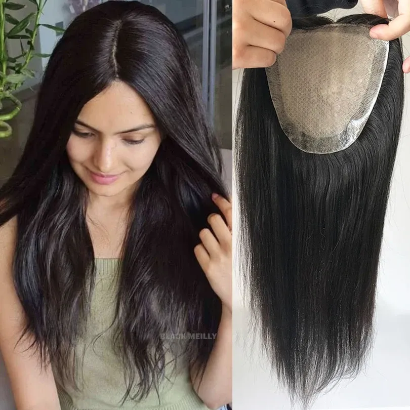 Toppers Silky Straight Skin Silk Base Human Hair Topper for Women with 4 Clips In Hair Topper 2CM PU Around Hair Topper