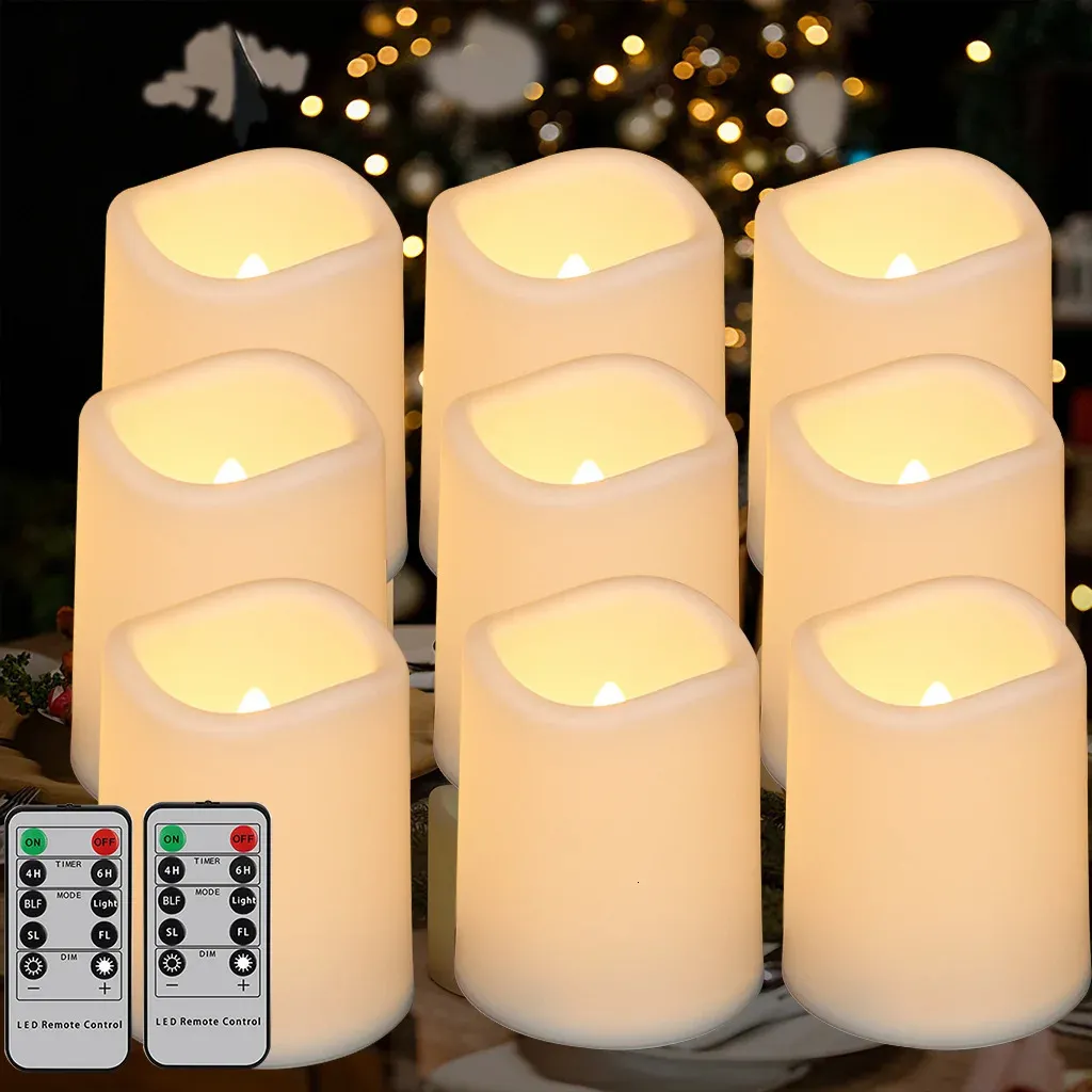 9 PCS Flameless LED Candles Timed Remote Control Sleep Candle Battery Operated Year Home Decoration cylindrical Night Light 240417
